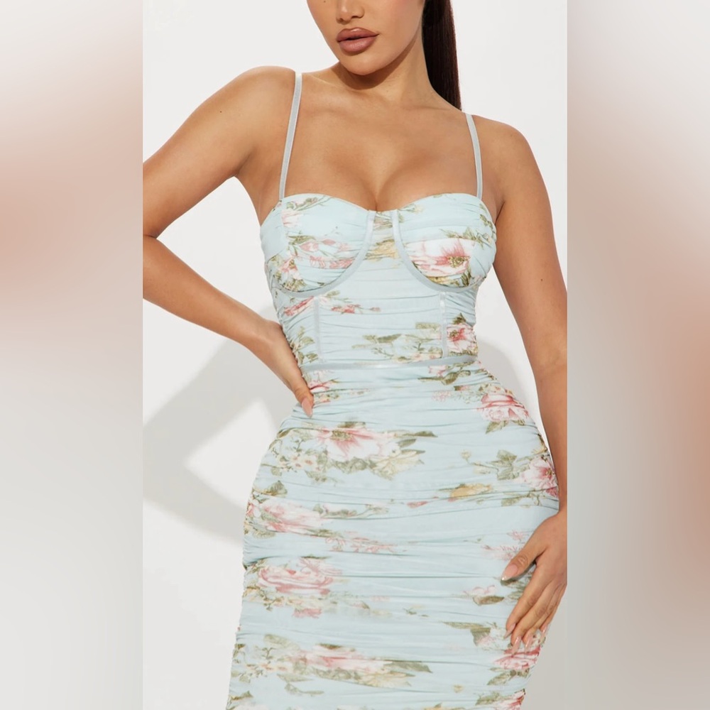 Fashion Nova Strapless Floral Dress - Pastel Blue and Pink